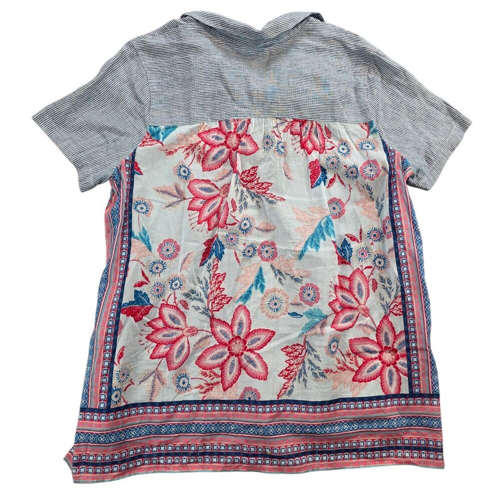 J. Jill Linen Cotton Mixed Media Pearlescent Button Front Bohemian Floral Blouse